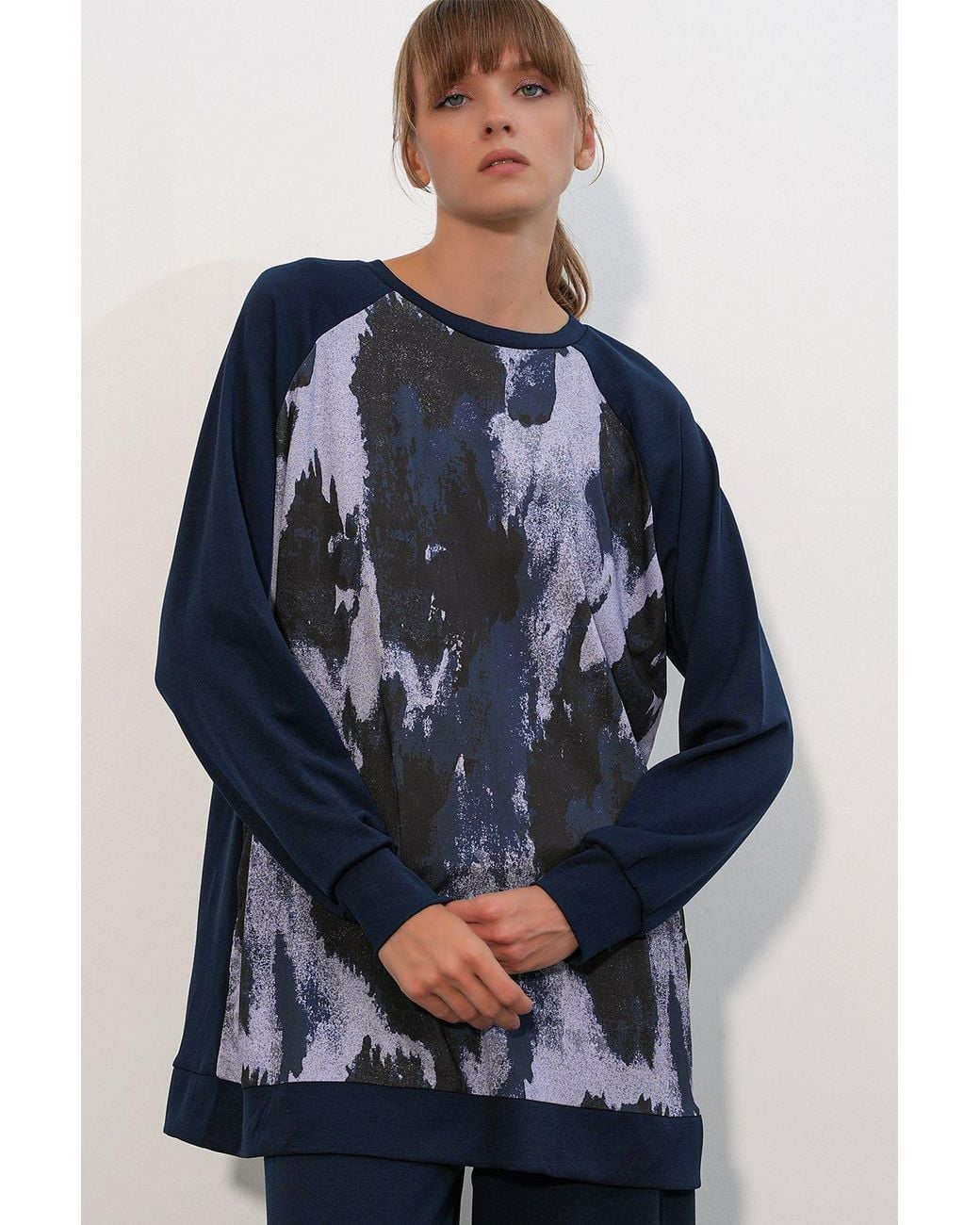 Bigdart Blue Oversize Abstract Print Crew Neck Tunic & Pants Set
