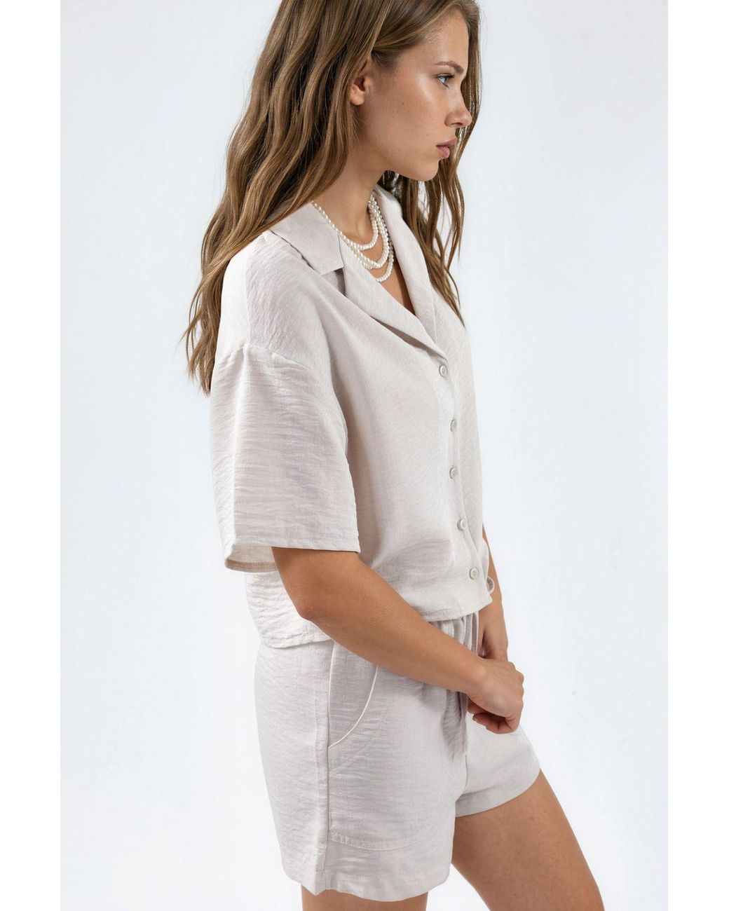 Busem White Textured Crop Shirt With Button Closure