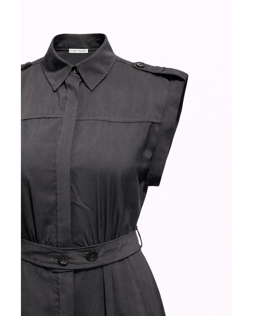 MixRay Black Textured A-Line Midi Shirt Dress With Belt