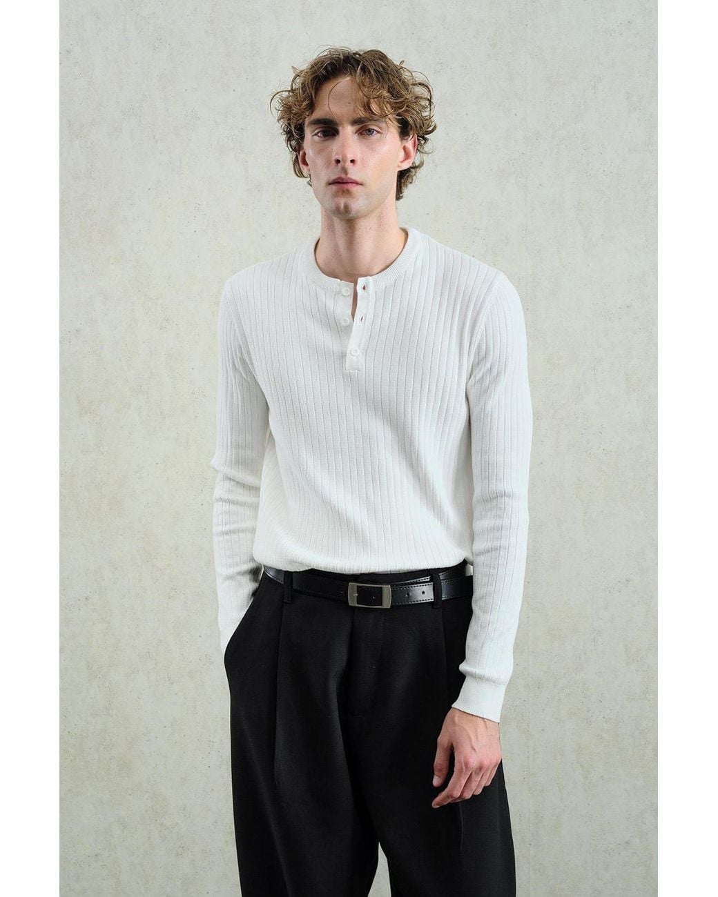 Giesto White Slim Fit Long Sleeve Button Collar T-Shirt for men