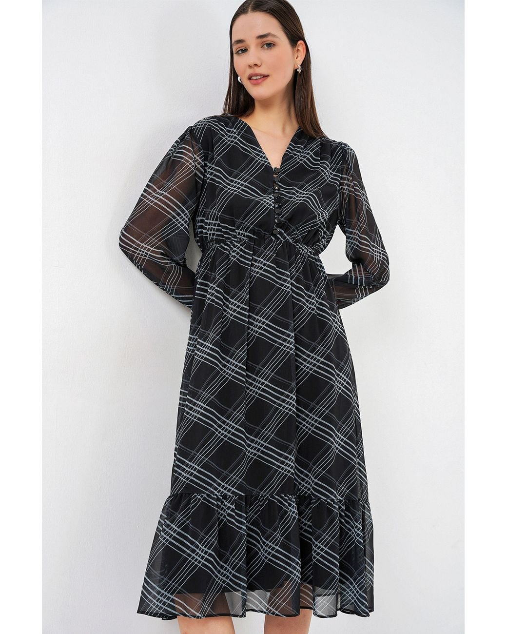 Bigdart Black V-Neck Midi Dress With Button Closure