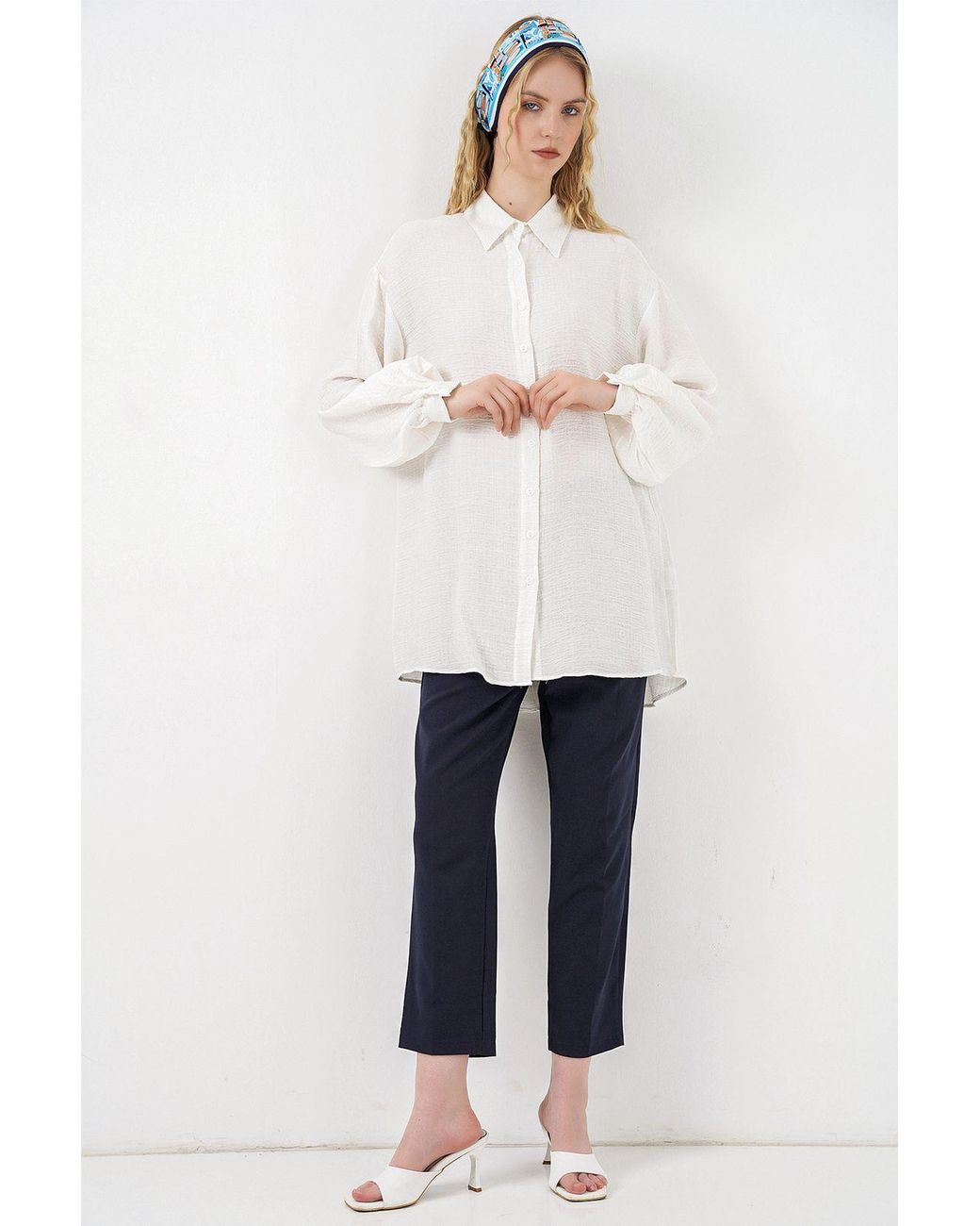 Bigdart White Oversized Textured Long Blouse With Shirt Collar