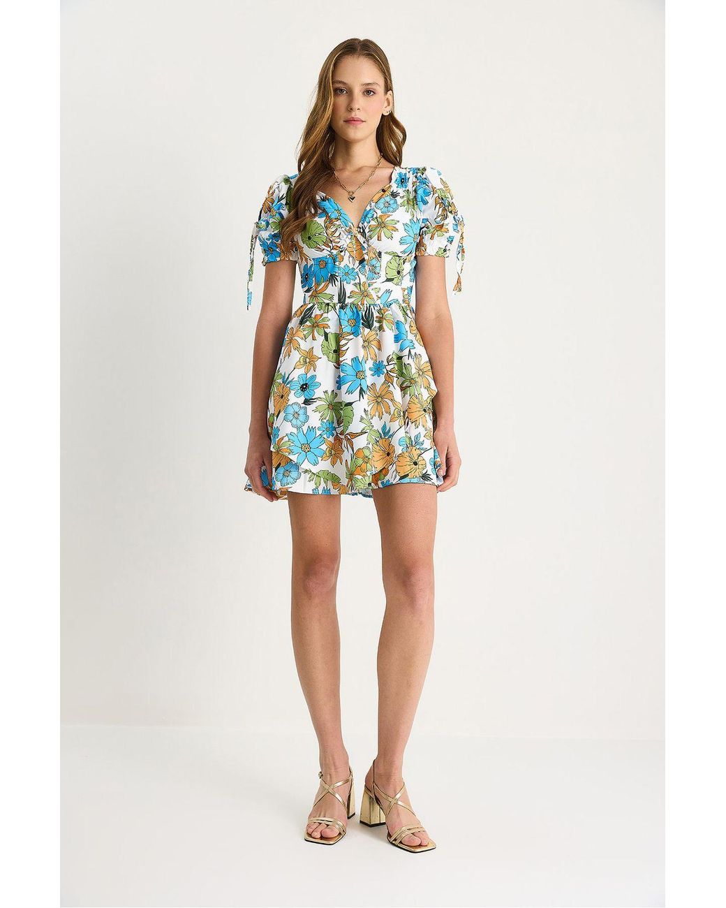 Bianco Lucci Blue Printed V-Neck Cut Out Midi Dress