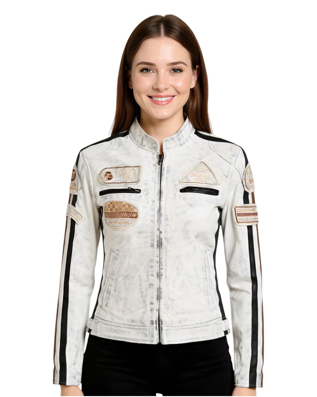 Infinity Leather White Biker Racing Badges Jacket-Dalby Lamb Leather