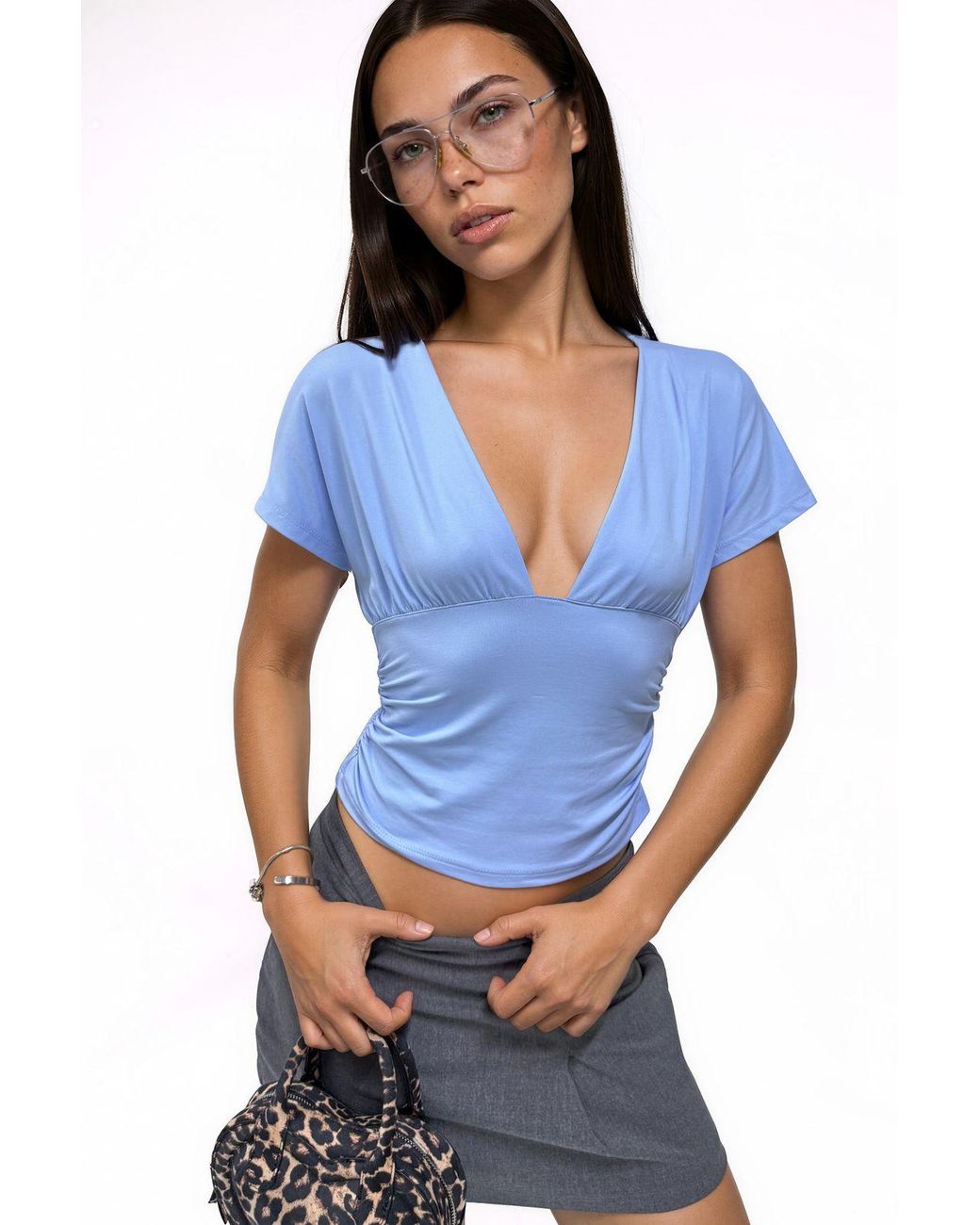 Busem Blue Fitted Crop Blouse With Tie Detail