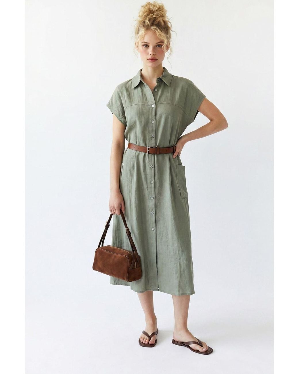 MixRay Green Belted Midi Shirt Dress
