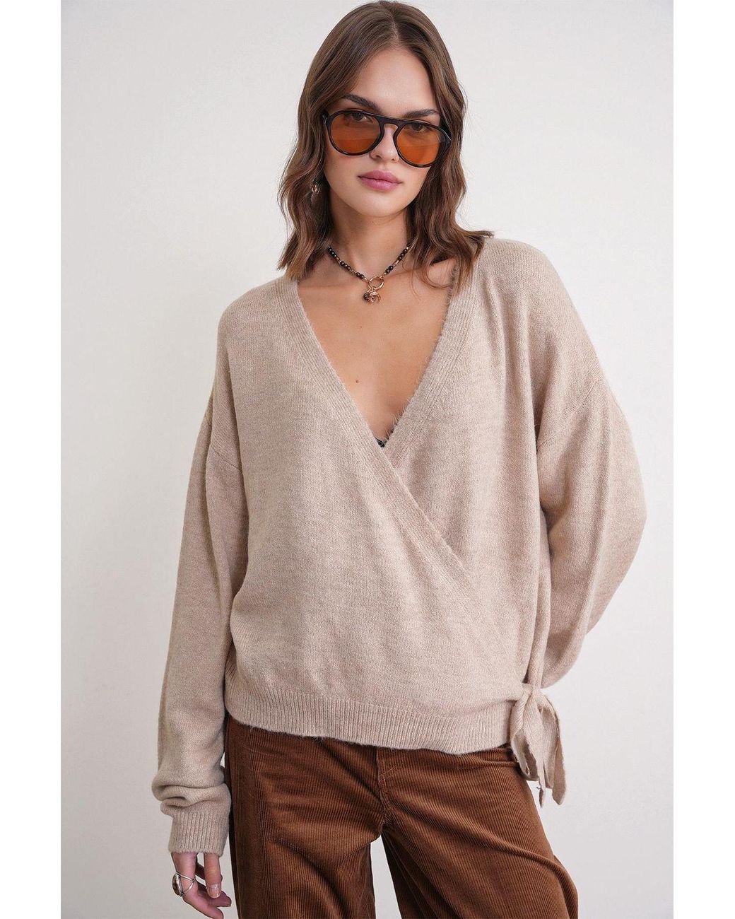 MixRay Natural Ribbed V-Neck Tie-Front Cardigan