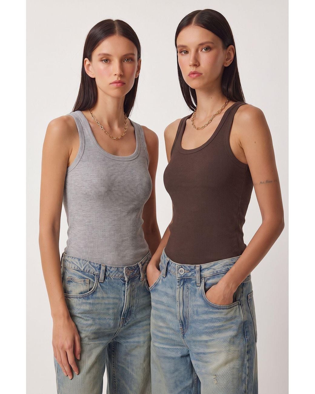 Happiness İstanbul Brown Fitted U Collar Knitted 2- Pack Tank Top