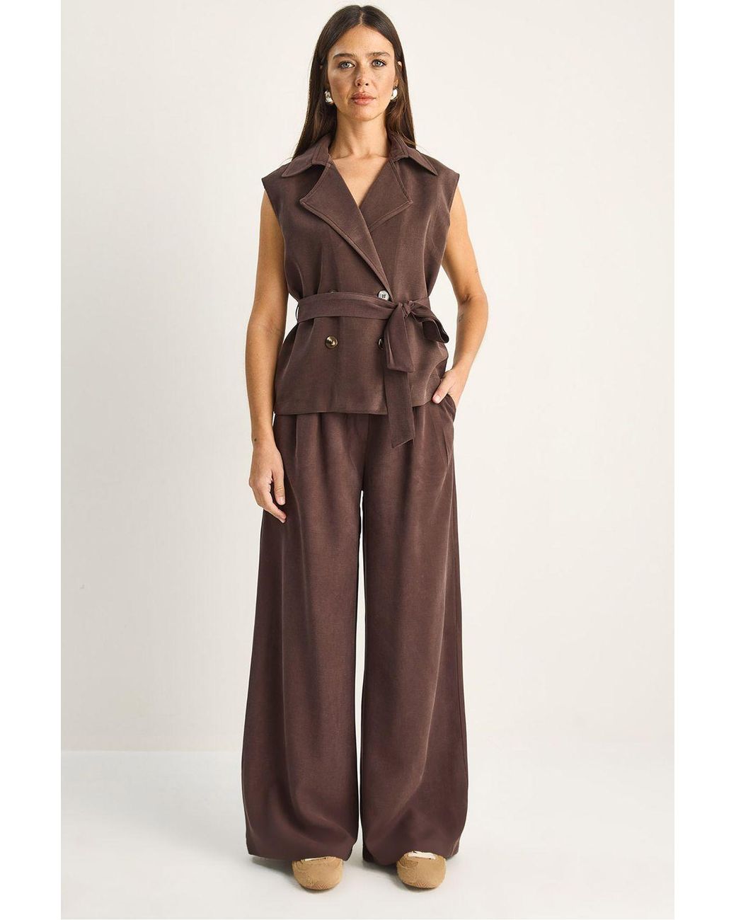Bianco Lucci Brown High Waist Wide Leg Co-Ord Set With Shawl Collar
