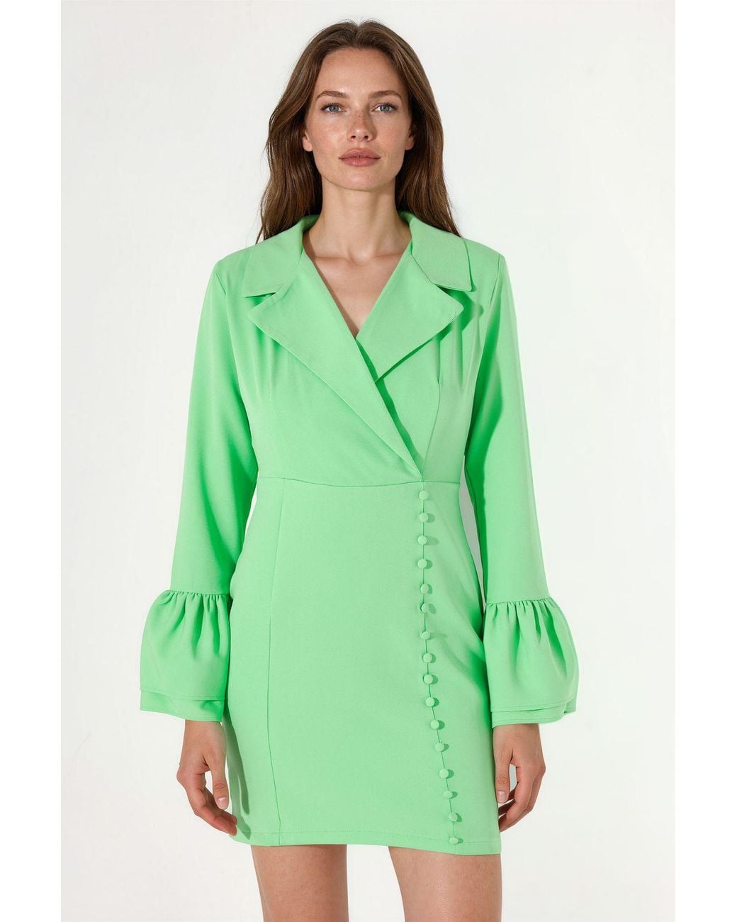 Msn-Collection Green Fitted Mini Dress With V-Neck And Buttons