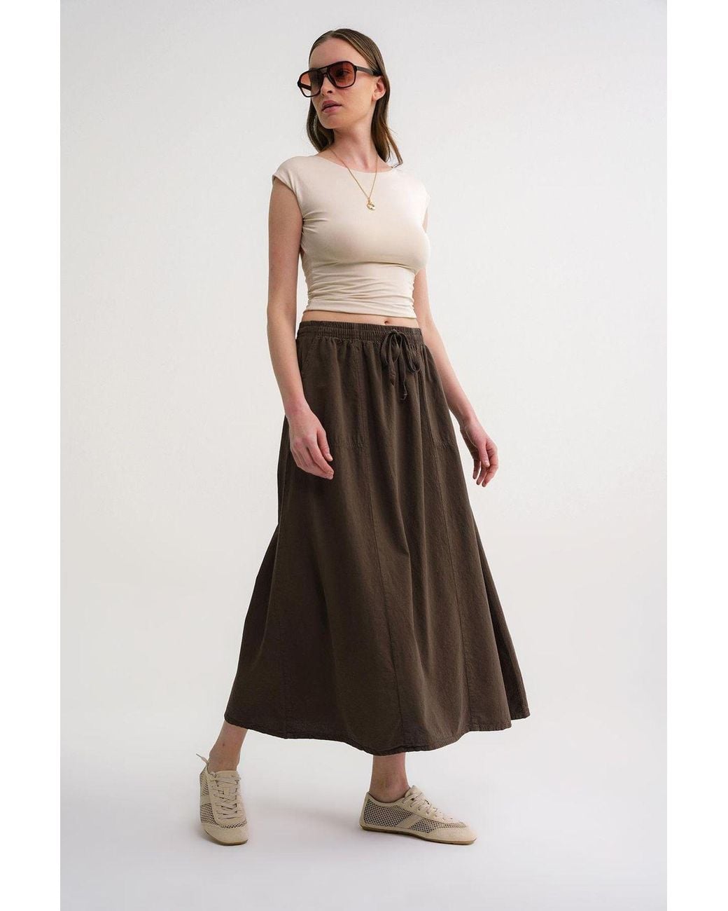 MixRay White High-Waisted Poplin Skirt With Drawstring Detail
