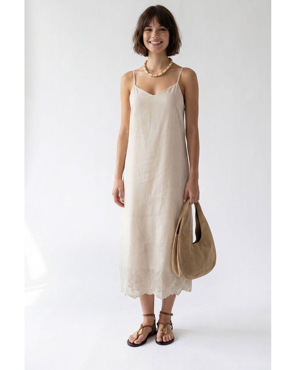 MixRay Natural Embroidered A-Line Midi Slip Dress