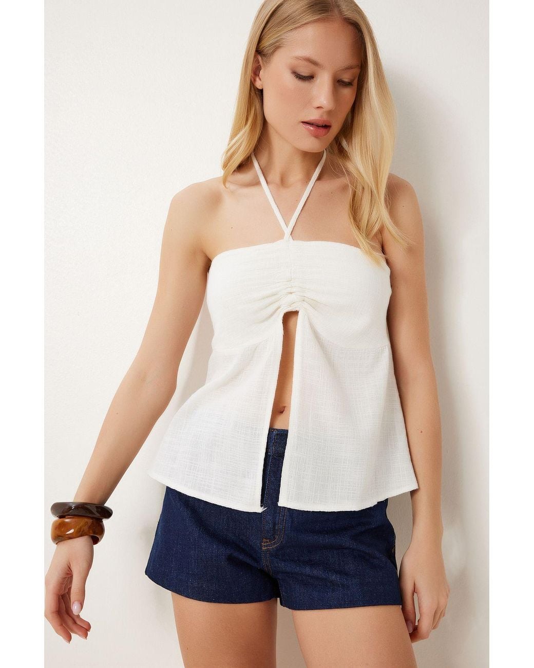 Happiness İstanbul White Cotton Off-Shoulder Halter Blouse