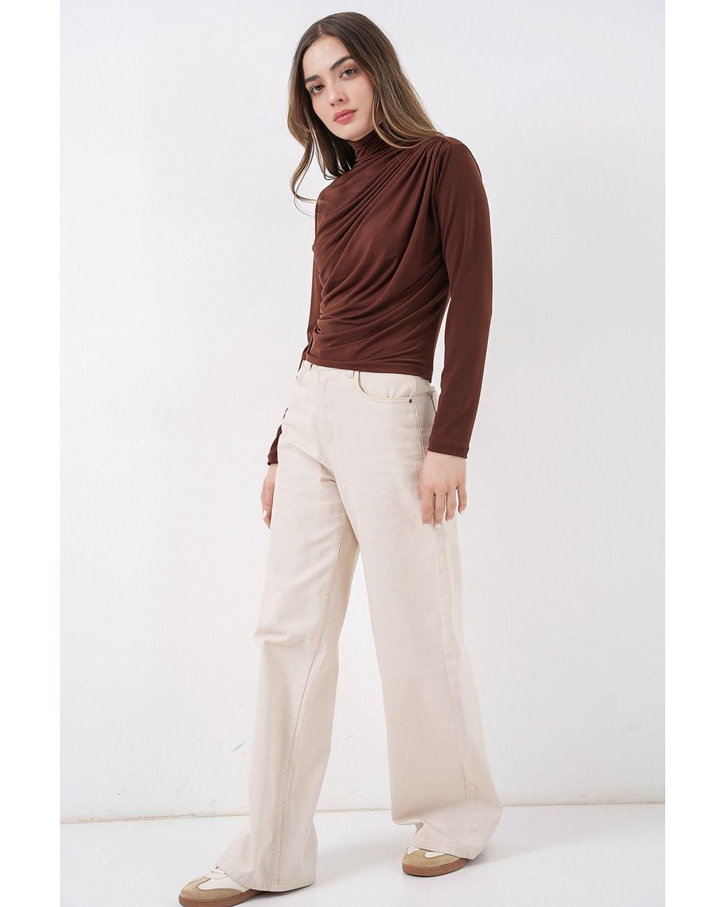 Bigdart Brown Fitted Turtleneck Blouse With Drape Detail