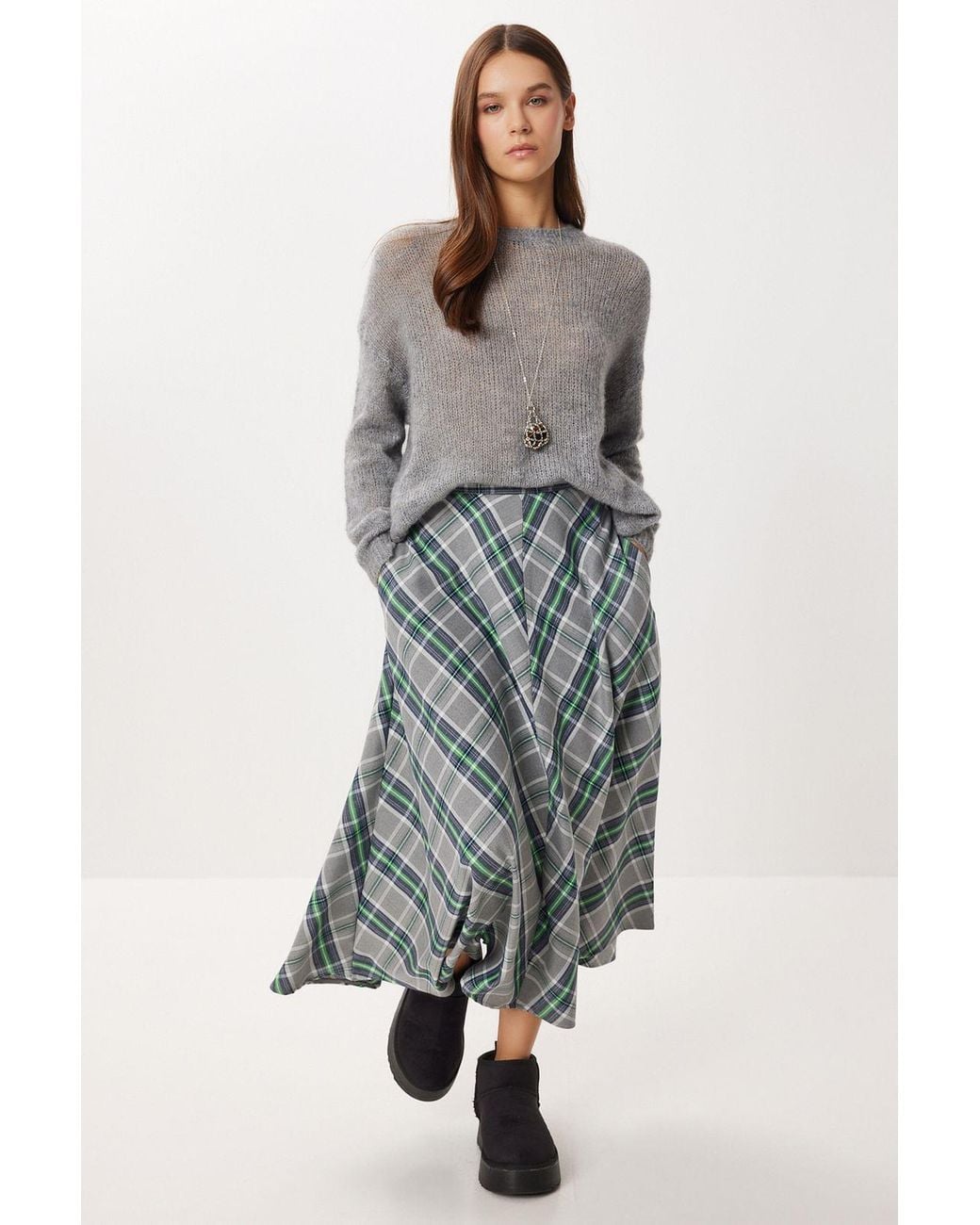 Happiness İstanbul Gray Pocket Detailed Long Plaid Skirt With Zipper Closure