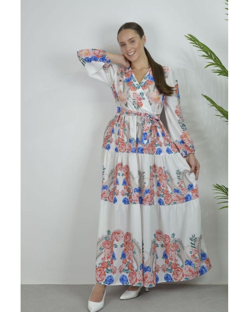 Msn-Collection Gray Floral V-Neck Maxi Dress With Tie Detail