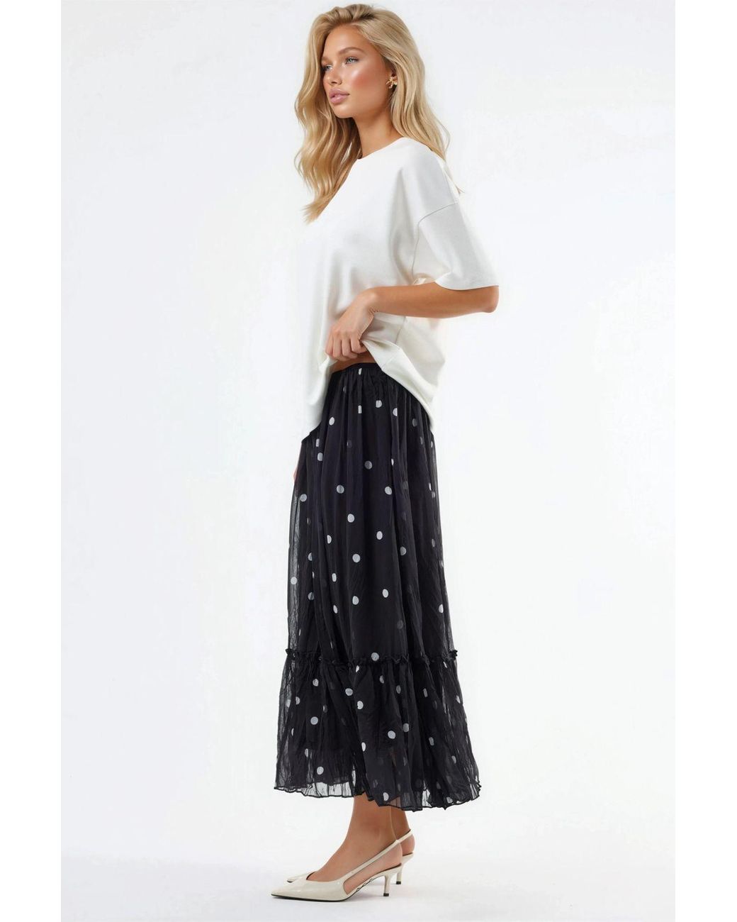 Busem Black High Waist Polka Dot Maxi Skirt With Frills