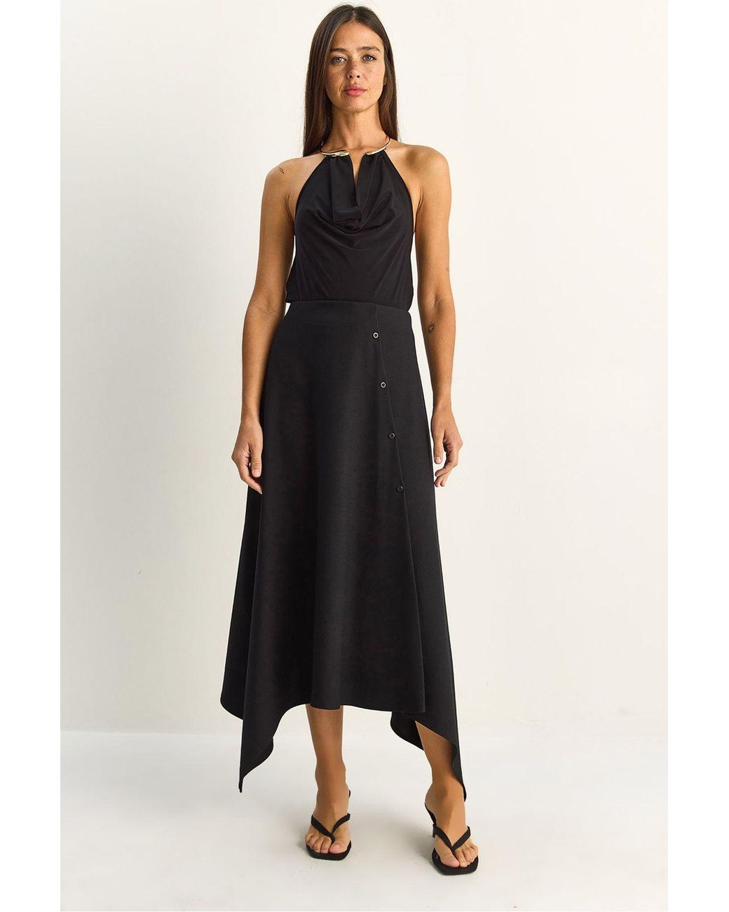 Bianco Lucci Black Midi A-Line Skirt With Button Closure