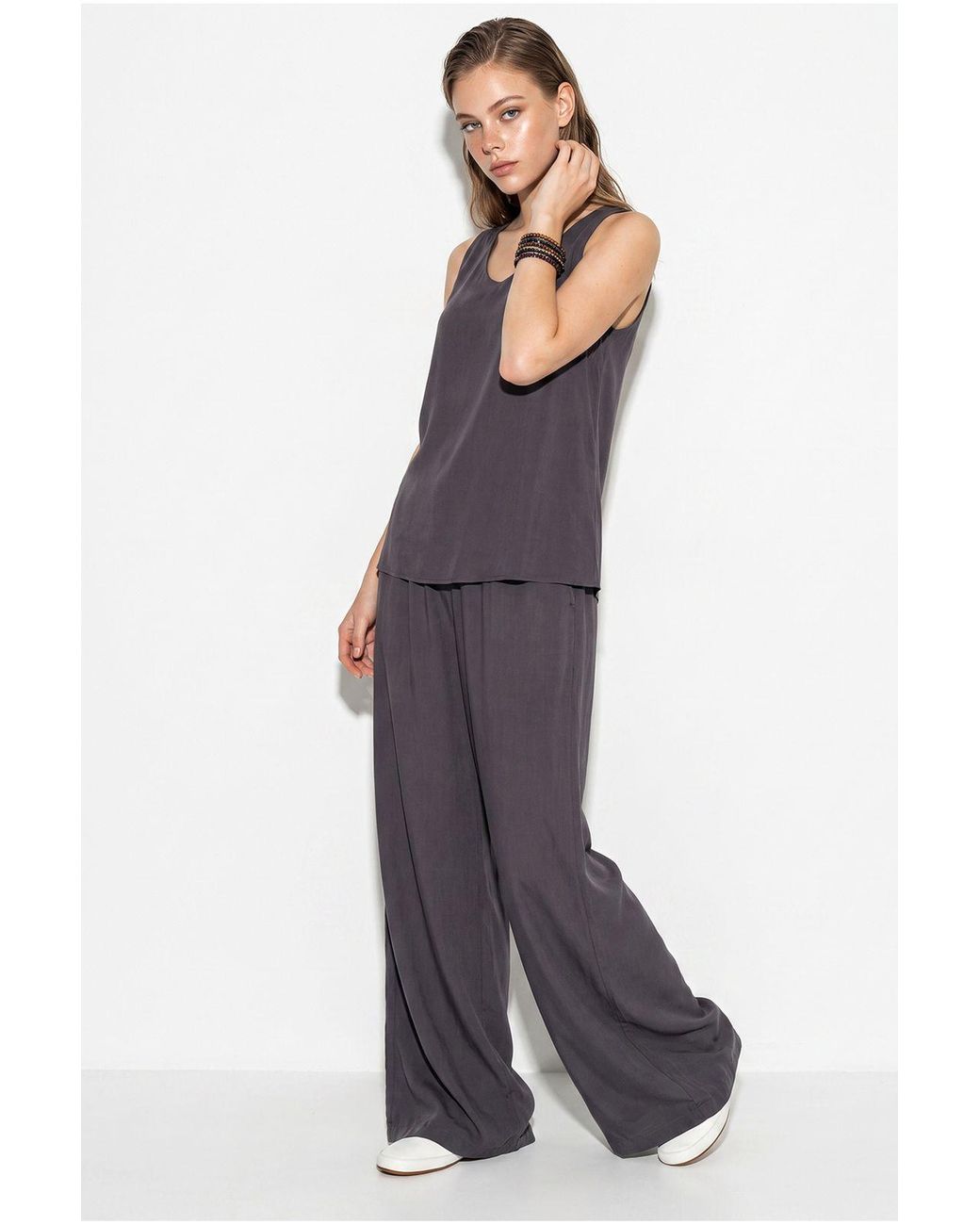 Bianco Lucci Blue V-Neck Cotton Blouse-Pants Two-Piece Set