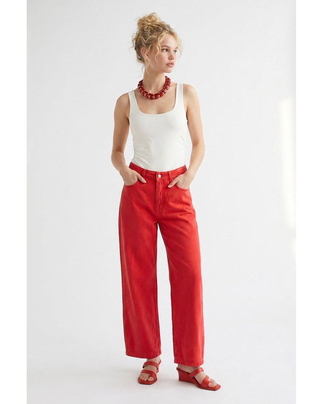 MixRay Red High-Waist Wide-Leg Cotton Jeans