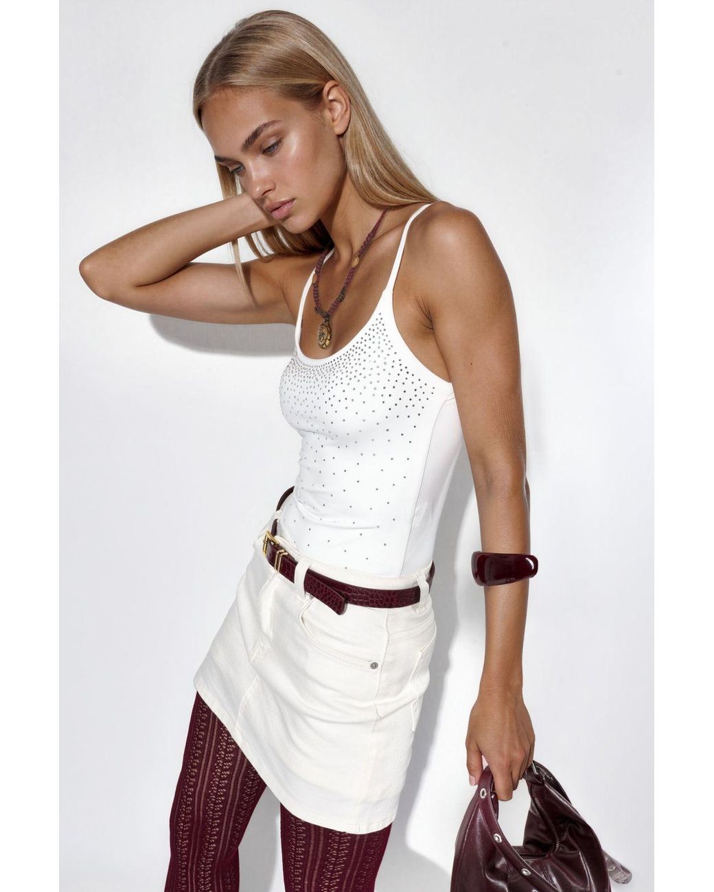 Busem White Fitted Crop Sequin Cami Top