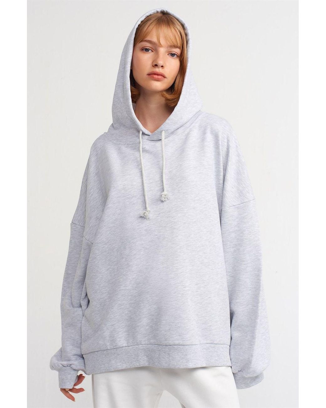 Dilvin White Oversized Cotton Hooded Sweatshirt