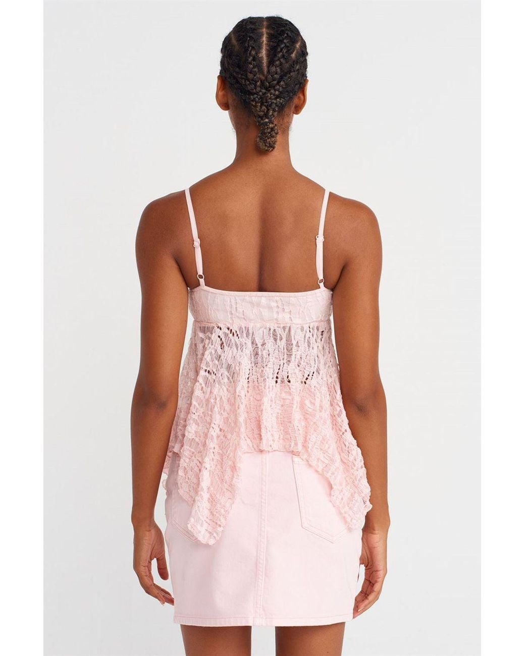 Dilvin Pink Lace Square-Neck Tie-Front Cami Blouse
