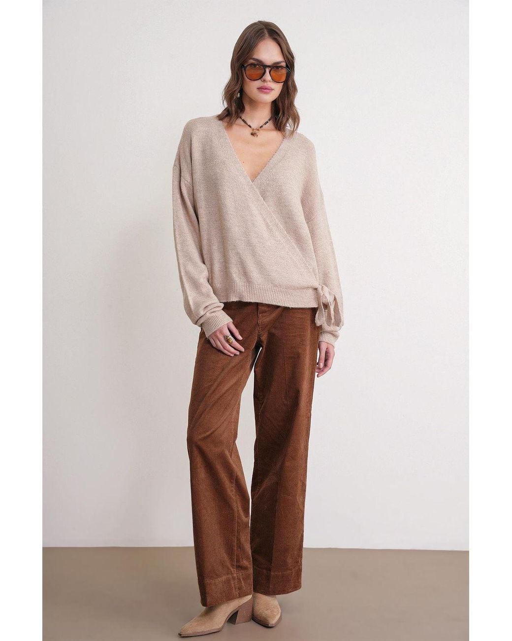 MixRay Natural Ribbed V-Neck Tie-Front Cardigan