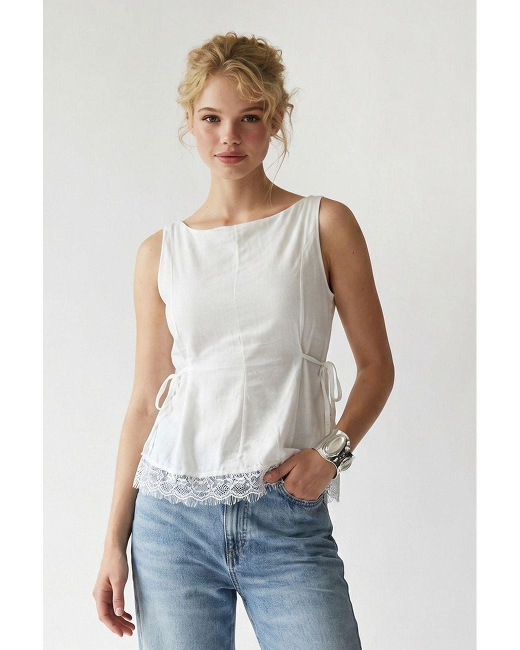 MixRay White Sleeveless Poplin Tie-Front Blouse