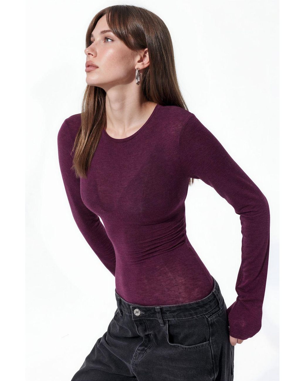 Busem Purple Slim Fit Long Sleeve Transparent Blouse