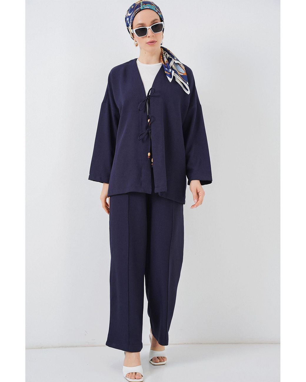 Bigdart Blue V-Neck Cardigan And Wide Leg Pants Set