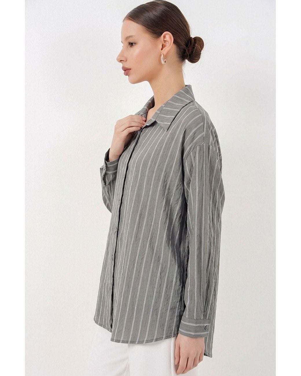 Bigdart Gray Textured Striped Oversized Shirt With Button Closure