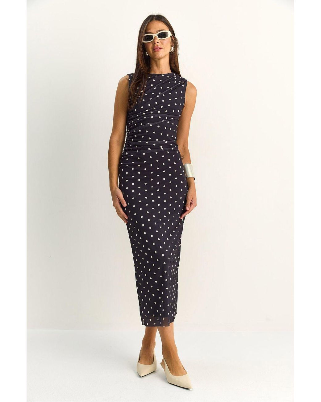 Bianco Lucci Blue Polka Dot Bodycon Midi Dress