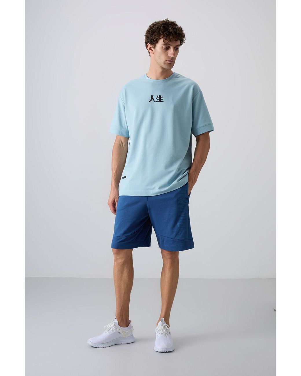 TOMMY LIFE Blue Oversized Printed Crew Neck T-Shirt for men