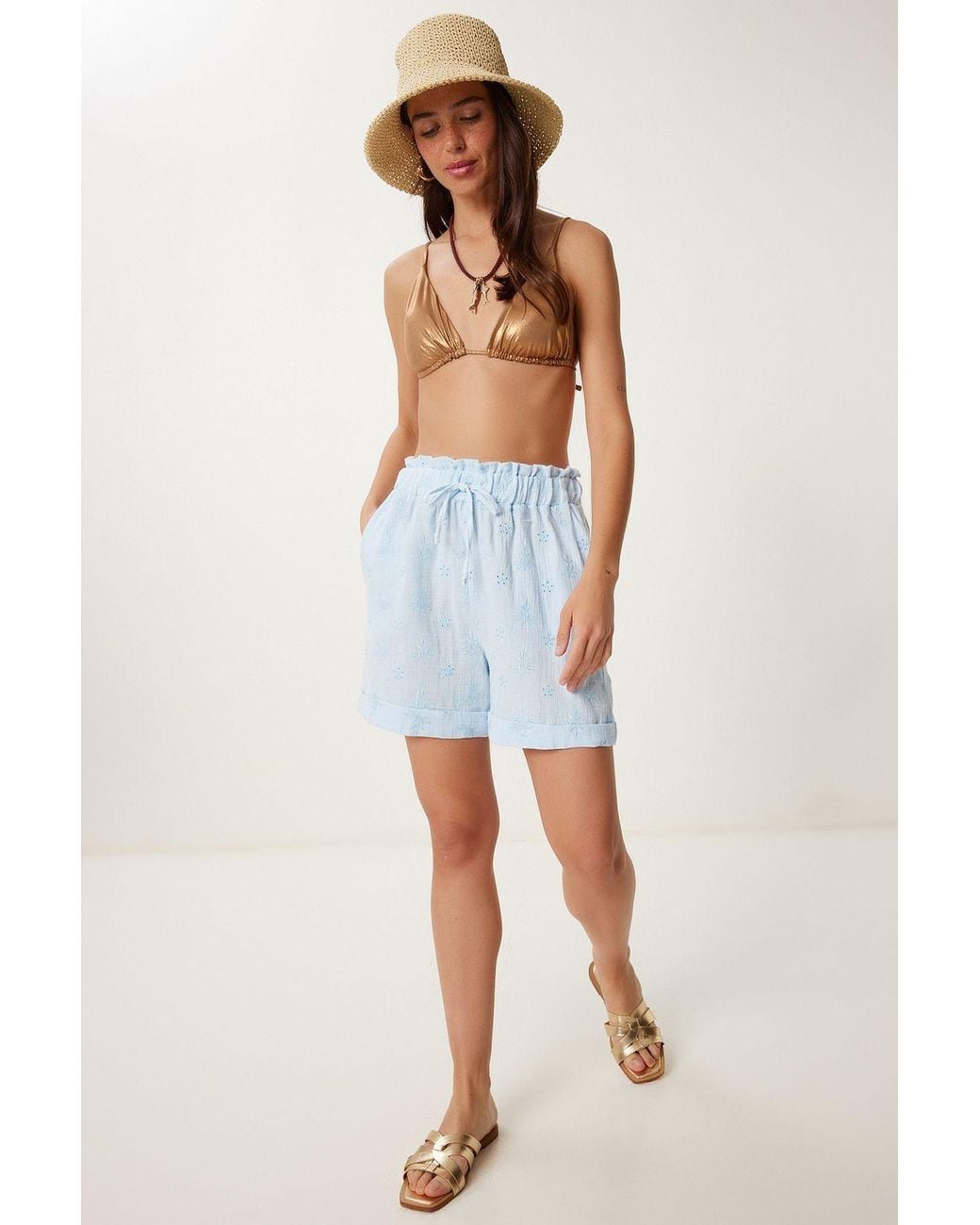 Happiness İstanbul Blue High Waist Drawstring Mini Shorts With Binding Detail