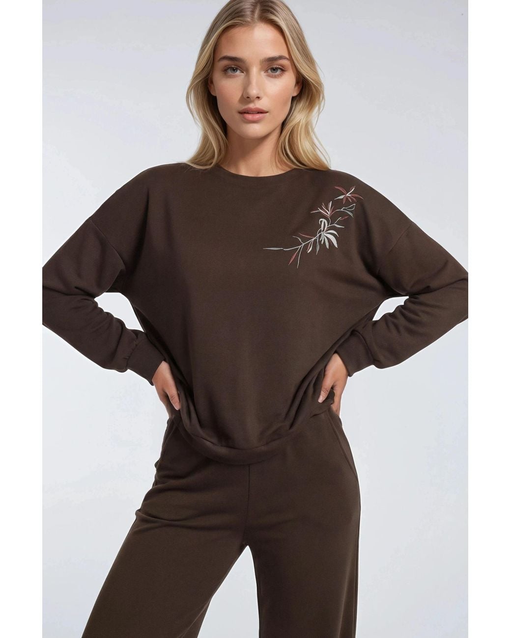 Hiccup Brown Embroidered Crew Neck Sweatshirt & Straight Leg Pants Two-Piece Set