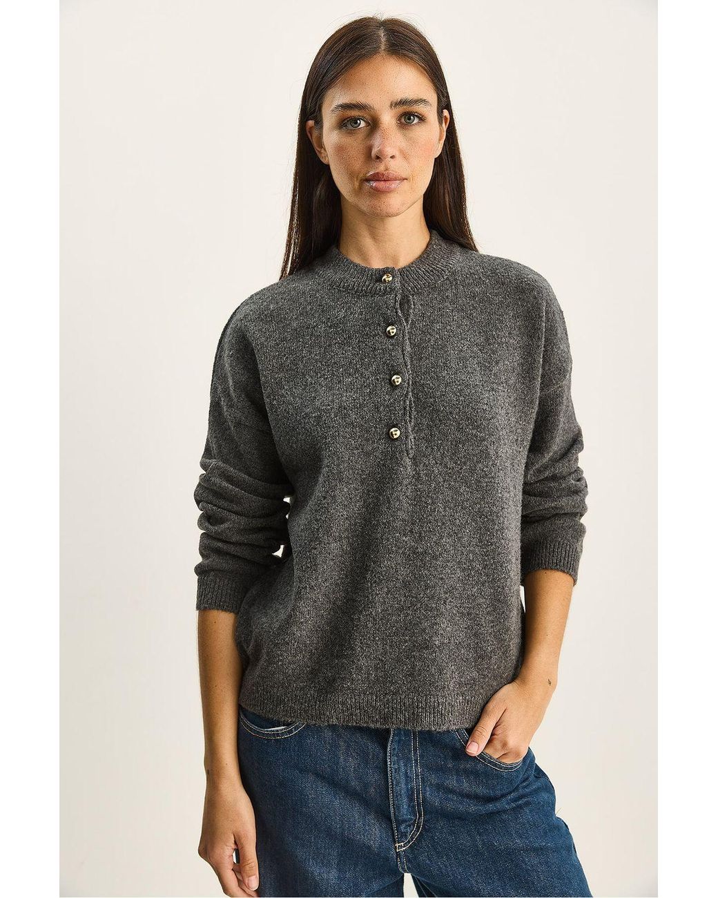 Bianco Lucci Gray Button Collar Knit Sweater