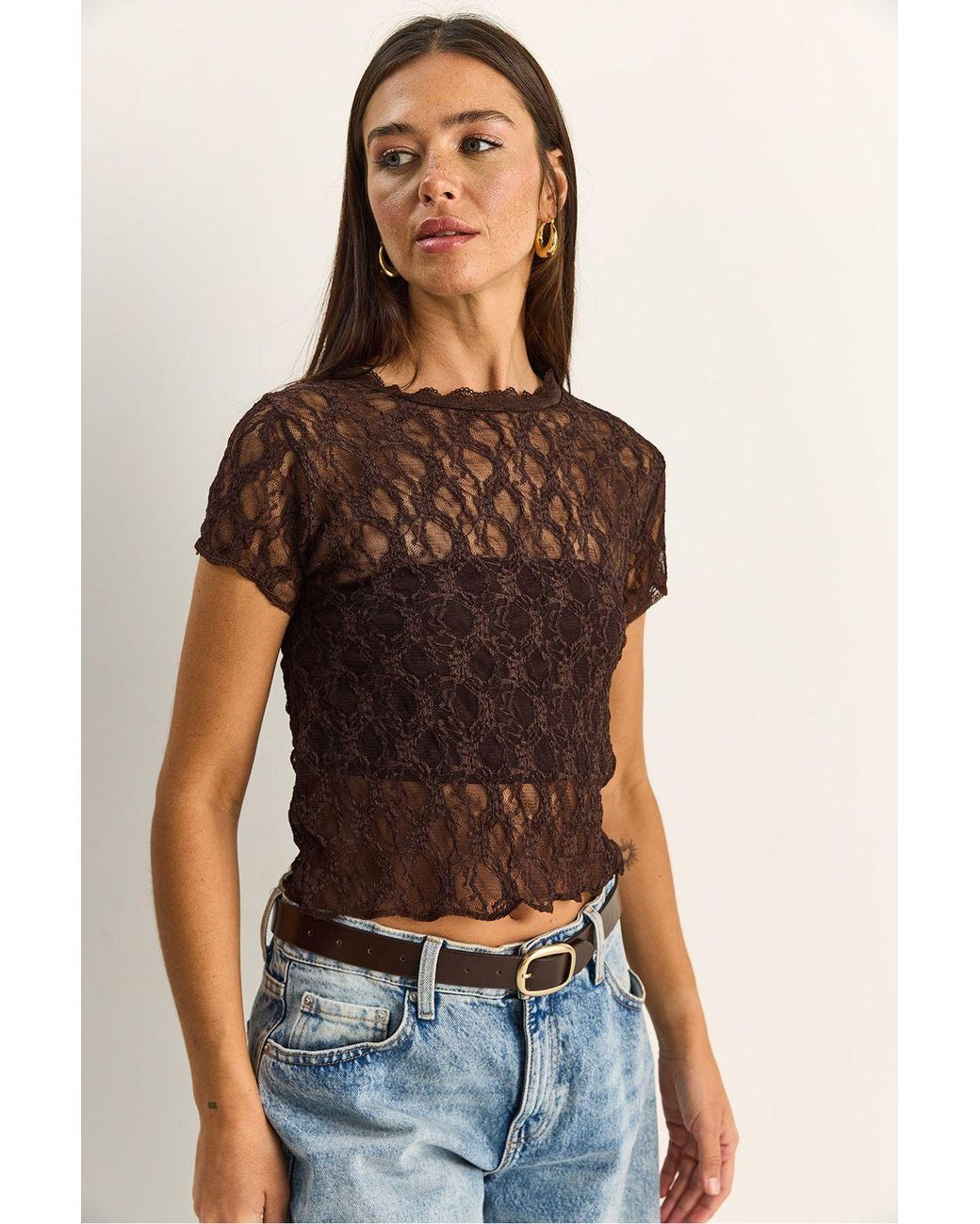 Bianco Lucci Brown Lace Crew Neck Blouse