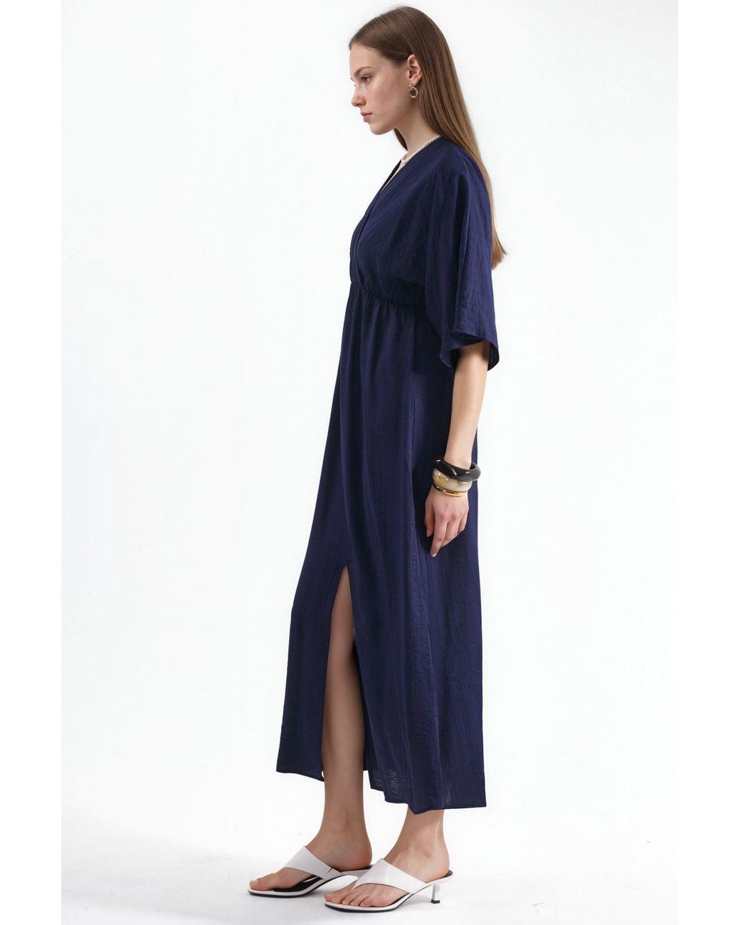 Busem Blue V-Neck Midi Wrap Dress With Three Quarter Sleeves