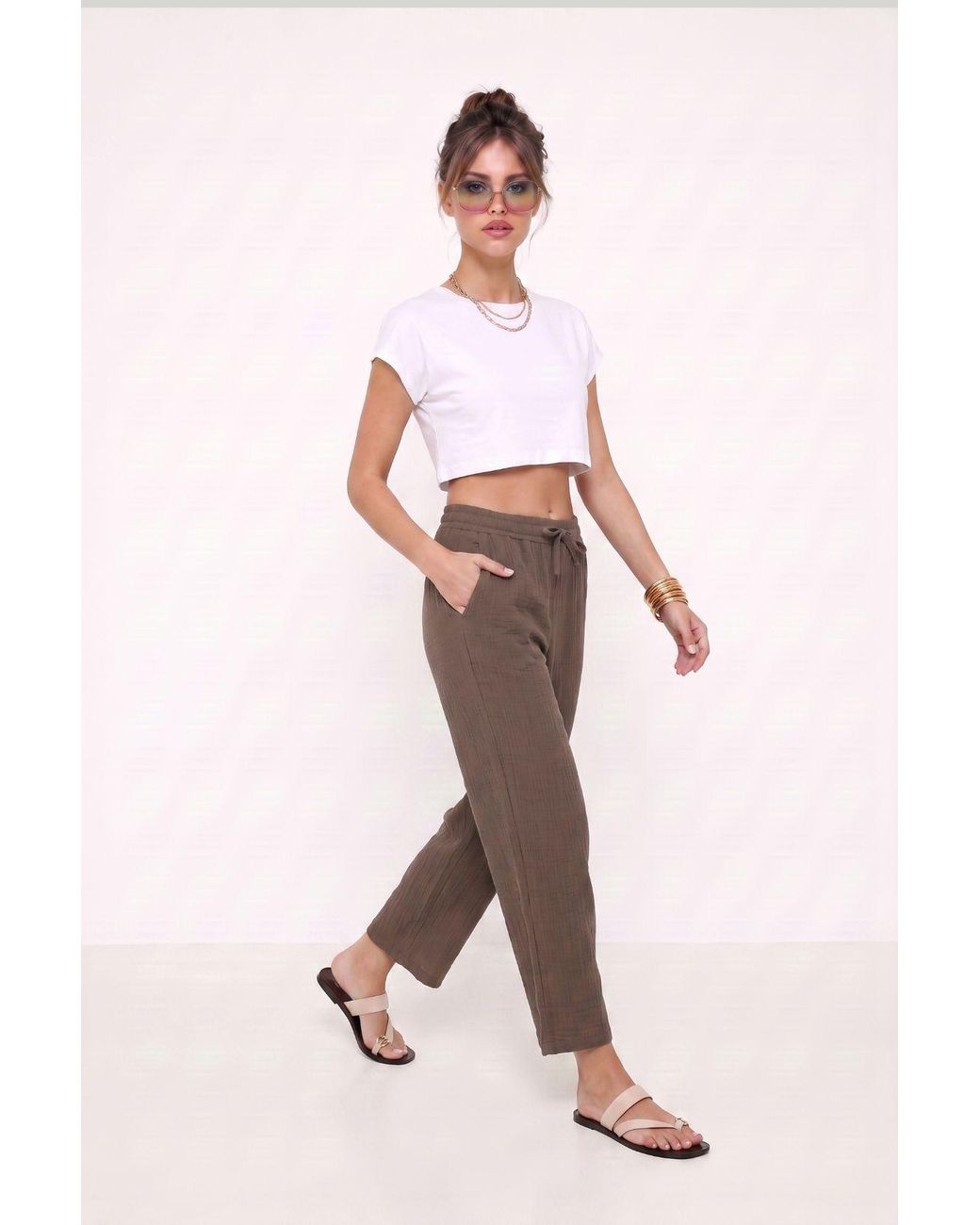 Happiness İstanbul Multicolor Wide Leg Drawstring Waist Pants With Binding Detail