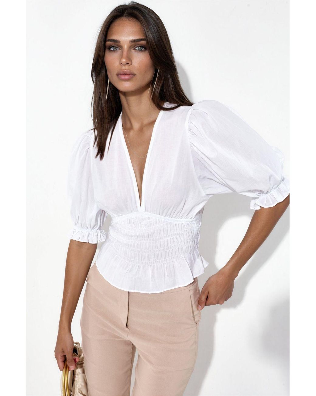 Busem White Fitted Chiffon V-Neck Blouse