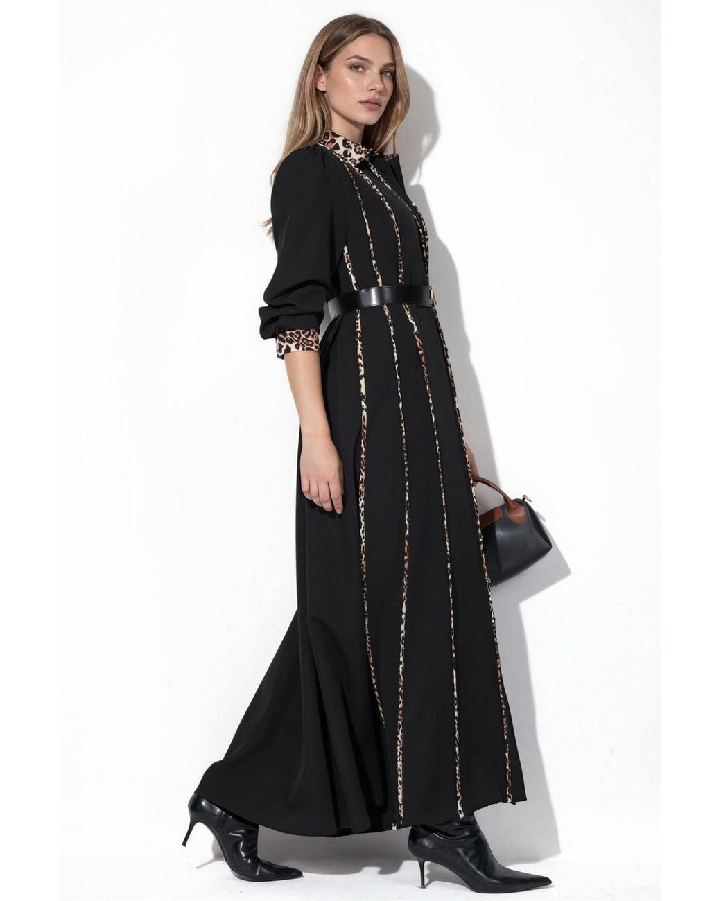 Msn-Collection Black Leopard Print Maxi Shirt Dress