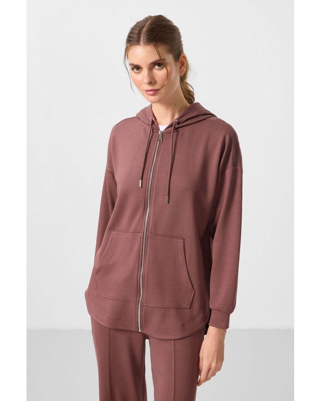 TOMMY LIFE Brown Oversized Hooded Long-Sleeve Zip Tunic Top