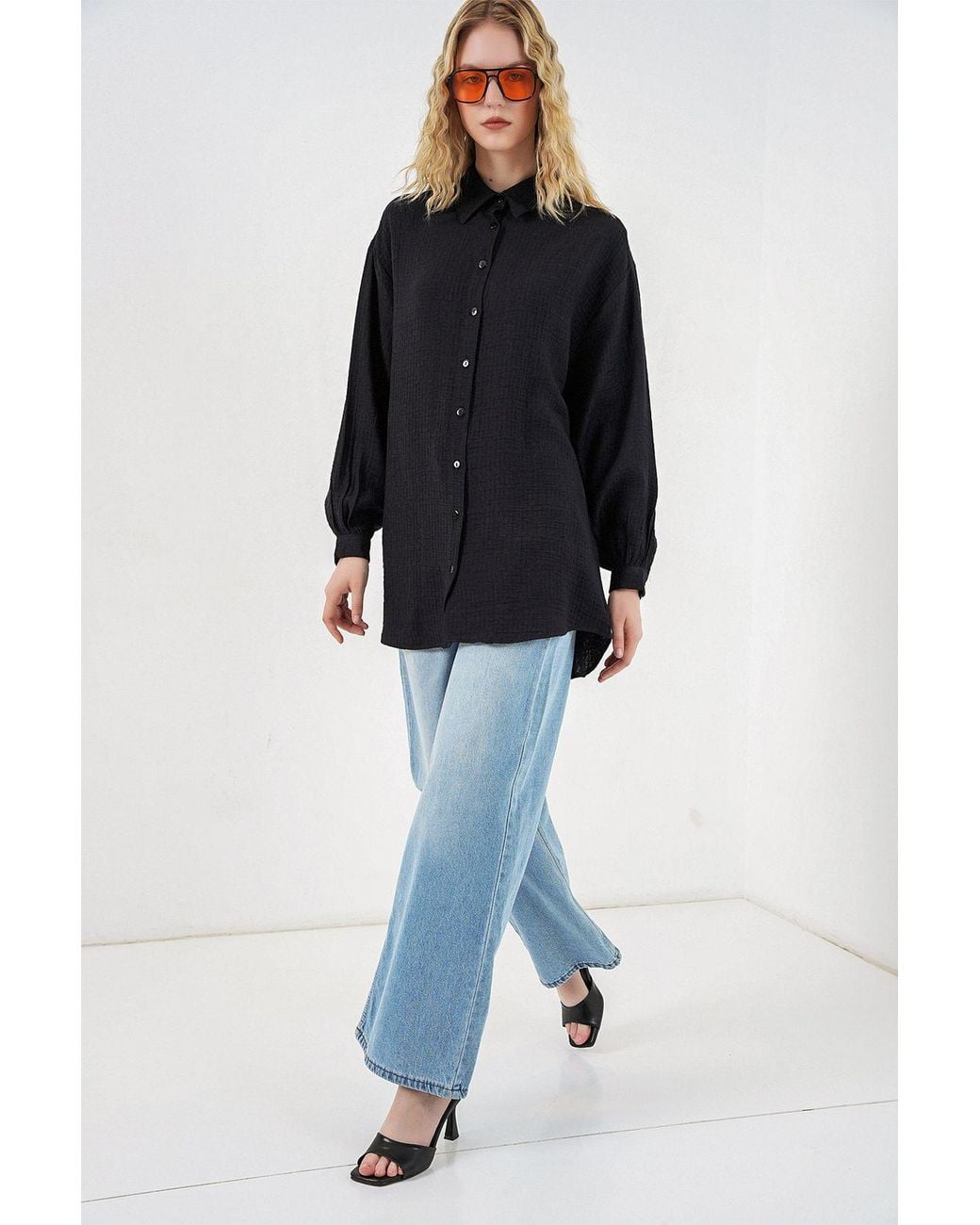 Bigdart Black Oversized Textured Long Blouse With Shirt Collar