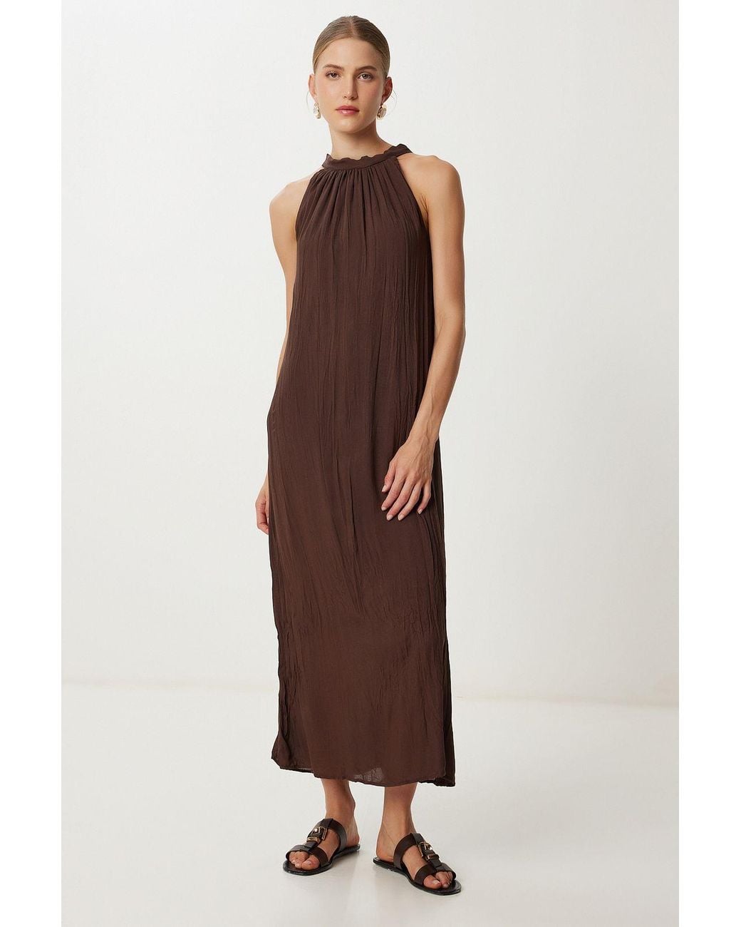 Happiness İstanbul Brown Textured Midi Dress With Halter Collar