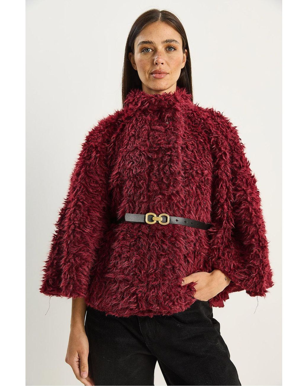 Bianco Lucci Red Oversize Plush Coat With Jacket Collar