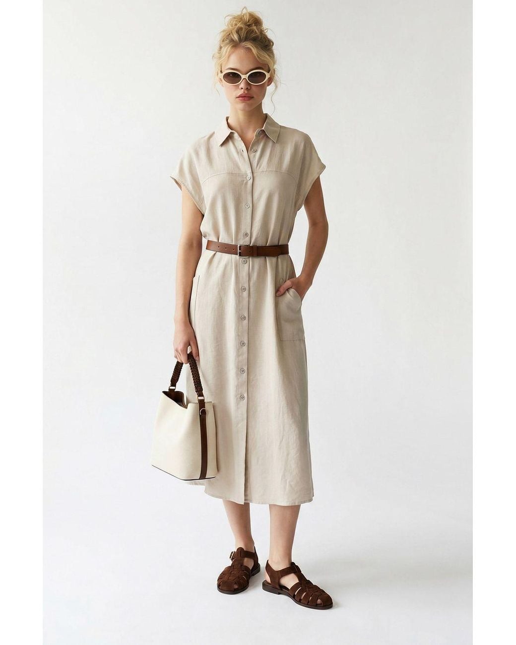 MixRay White Belted Midi Shirt Dress