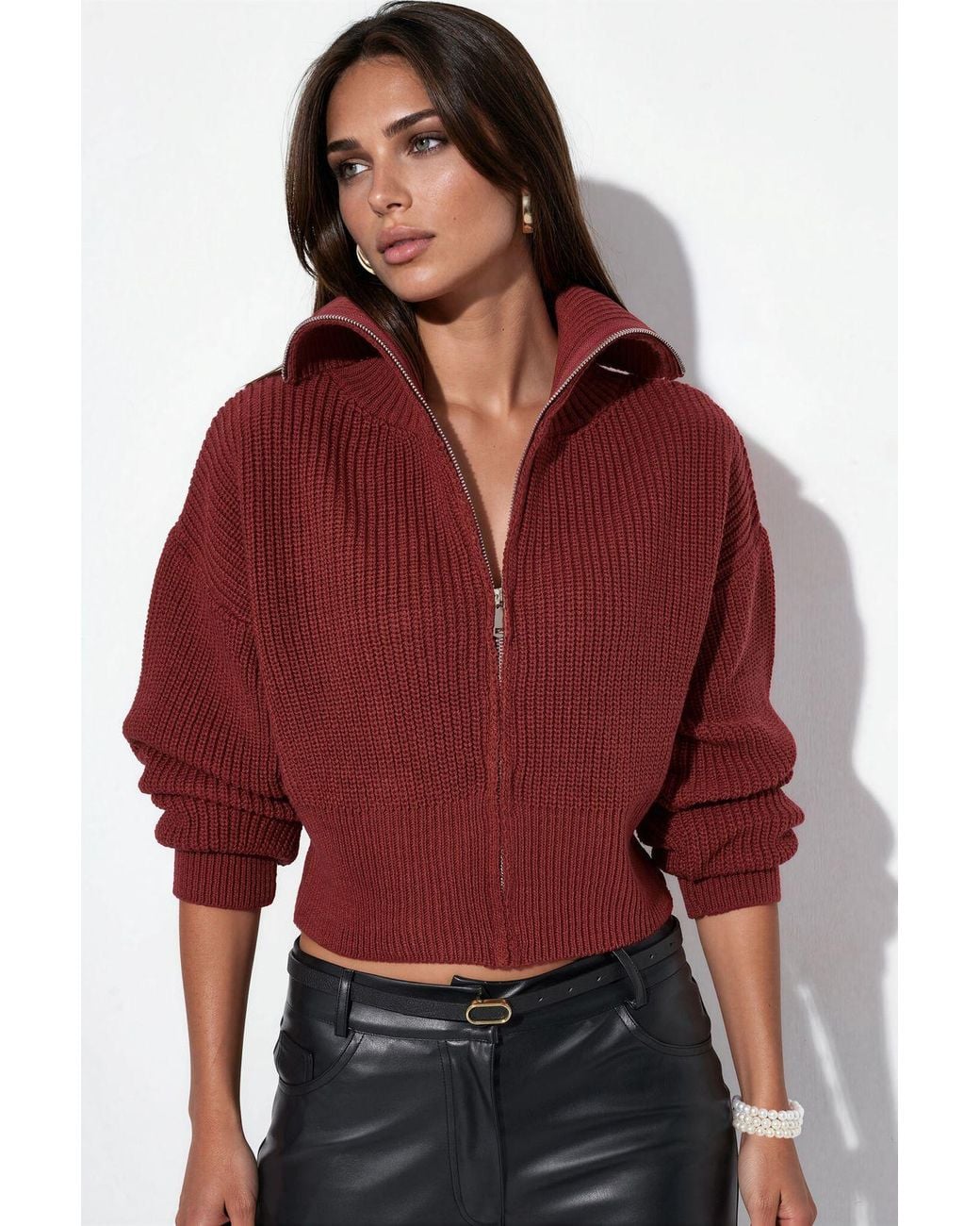 Viorna Red Cropped Ribbed Zip Cardigan