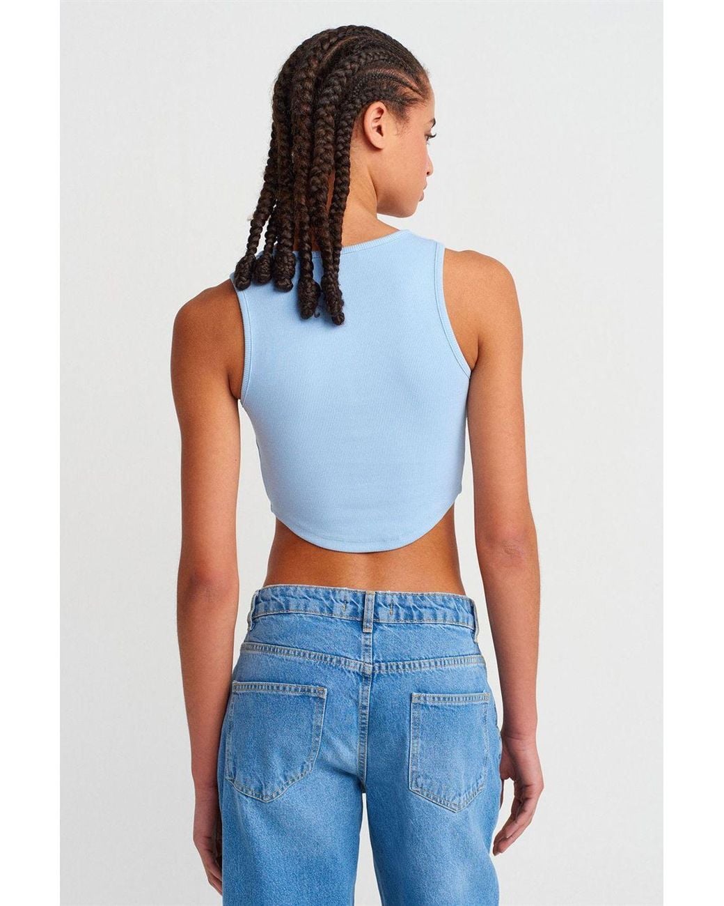 Dilvin Blue Ribbed Crop Blouse With Buttons