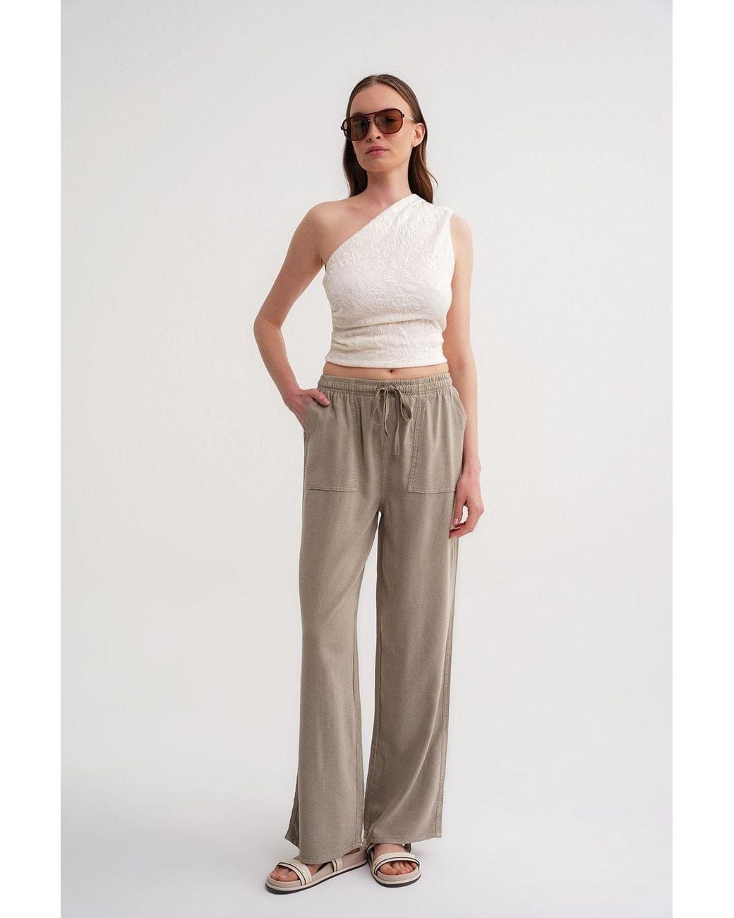 MixRay Natural Mid Waist Straight Leg Cotton Pants With Tie Closure